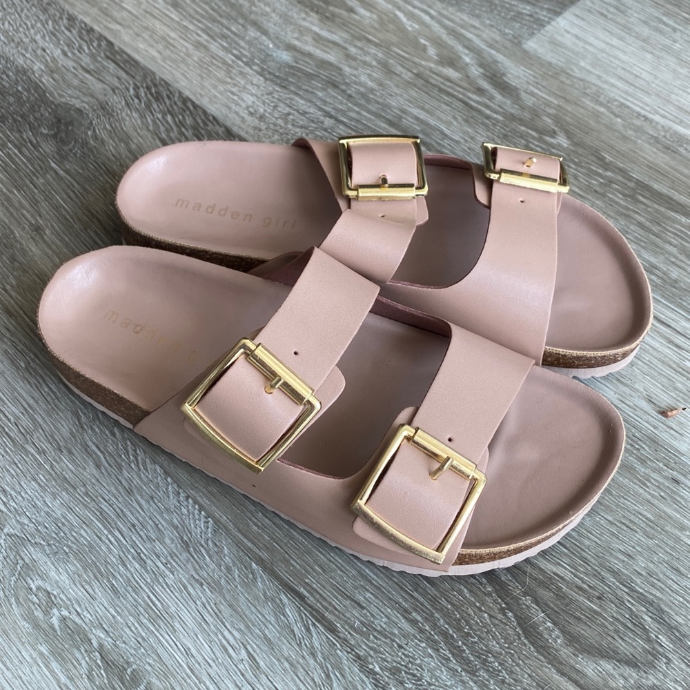 Madden girl double strap buckle flat sandals tan beige neutral 6